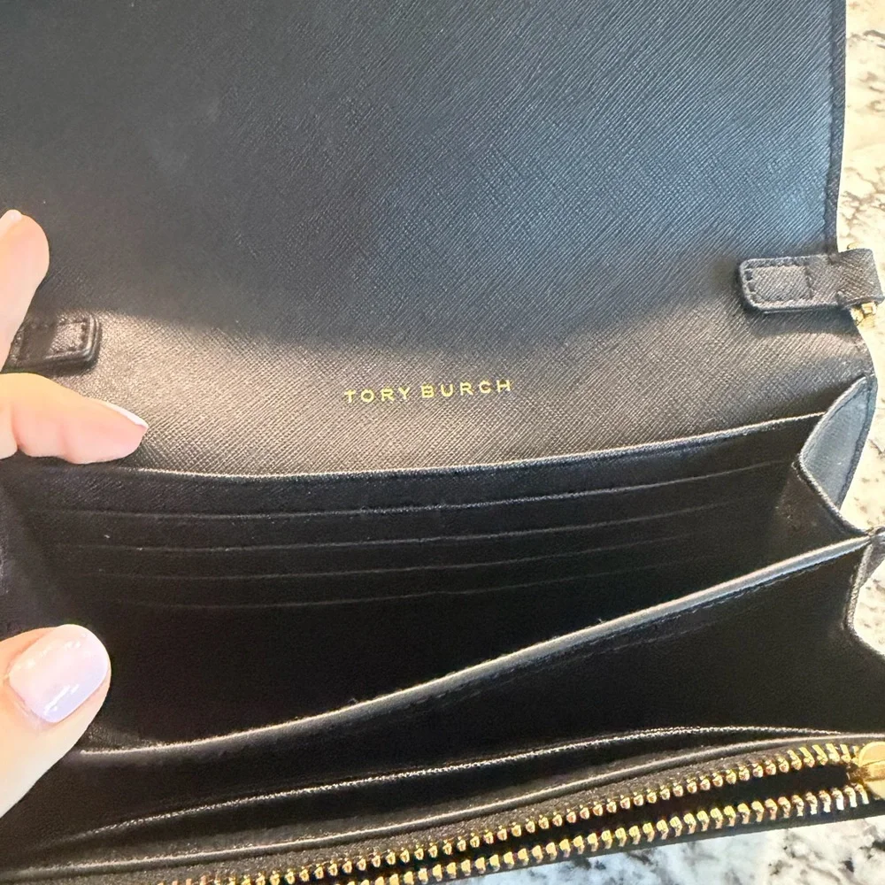 Tory Burch Black Saffiano Robinson or Emerson Gold Chain Bag Wallet Purse